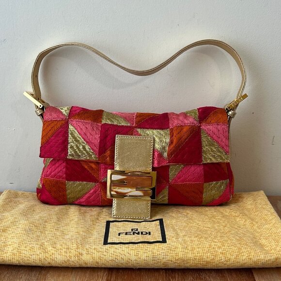 Fendi CANVAS Vintage Baguette Patchwork Red Metallic - Picture 1 of 16